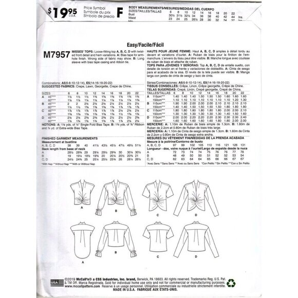 McCall's M7957 Misses 6 to 14 Knotted Tops Uncut Sewing Pattern New - Picture 2 of 2